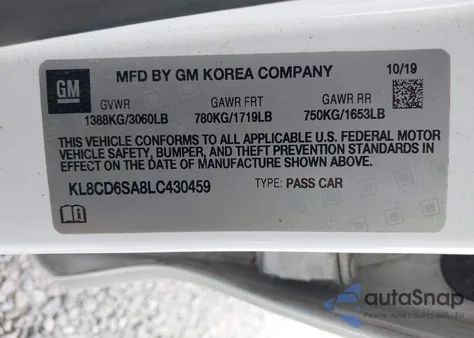 2020 Chevrolet Spark Fwd 1Lt Automatic из США, поврежденный, VIN KL8CD6SA8LC430459